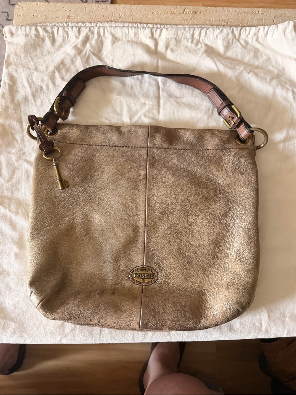 Fossil Metallic Tan Leather Shoulder Bag with Brass Accents & storage bag
